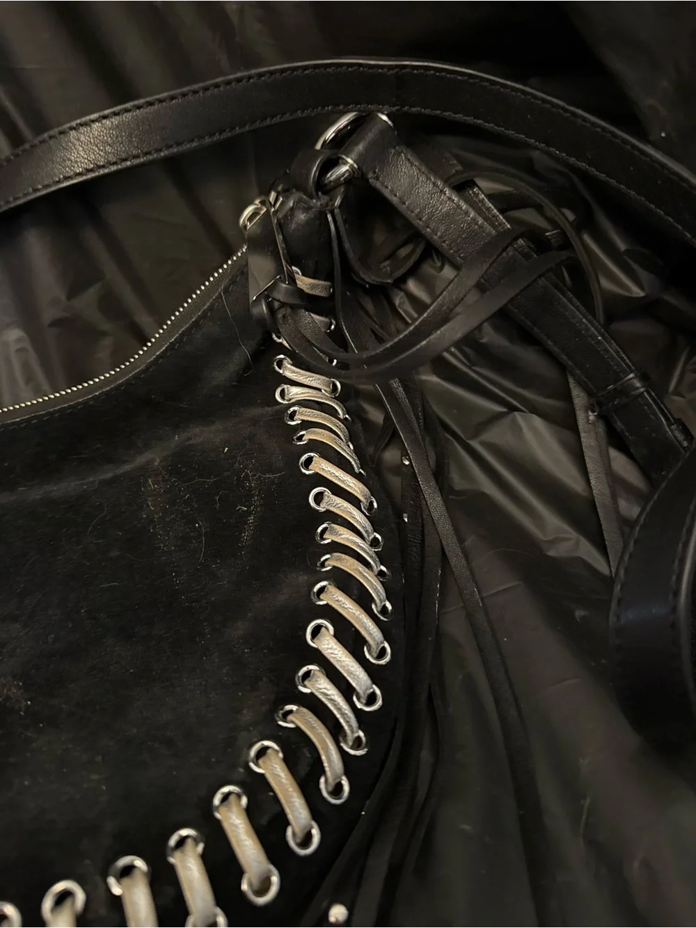 Michael Kors Black Suede Hobo with Silver Eyelet Trim and Fringe